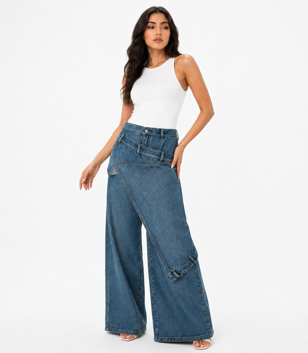 Asymmetric Wrap Wide Leg Denim Pants - Nova