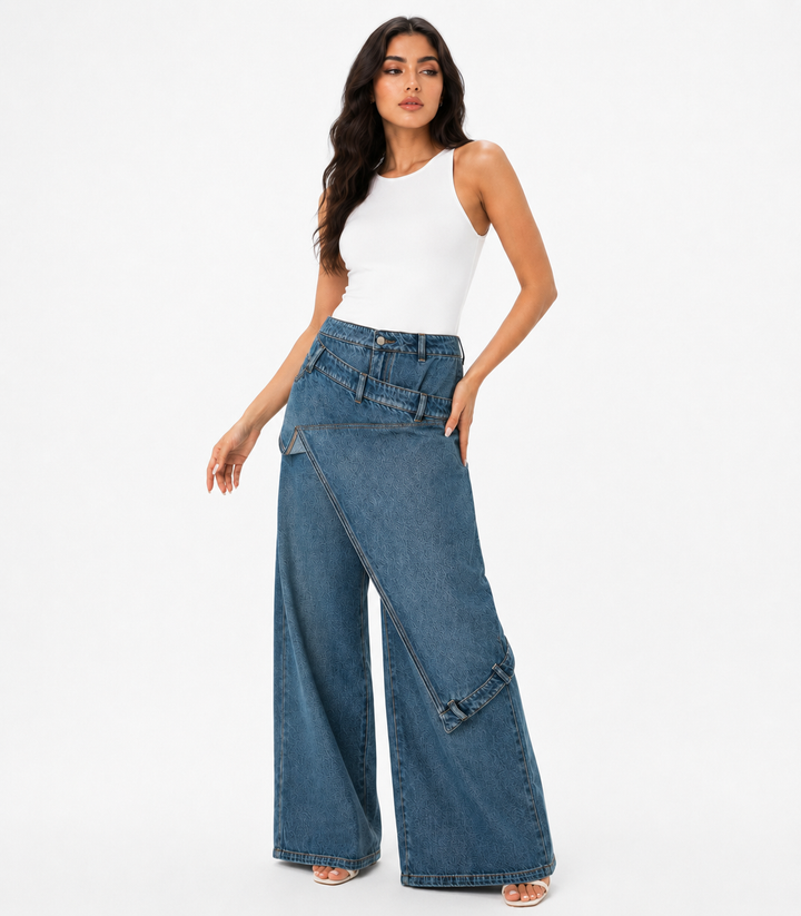 Asymmetric Wrap Wide Leg Denim Pants - Nova