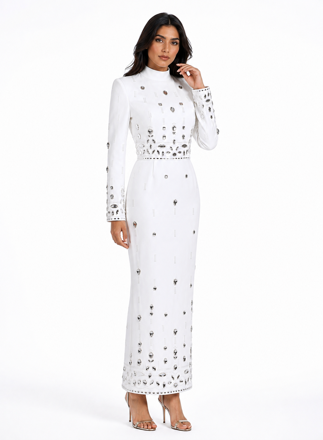 Radiant Crystal Embellished High Neck Maxi Dress - Sunshinee