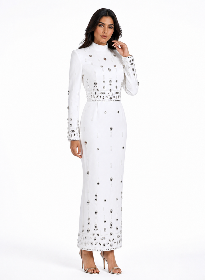 Radiant Crystal Embellished High Neck Maxi Dress - Sunshinee