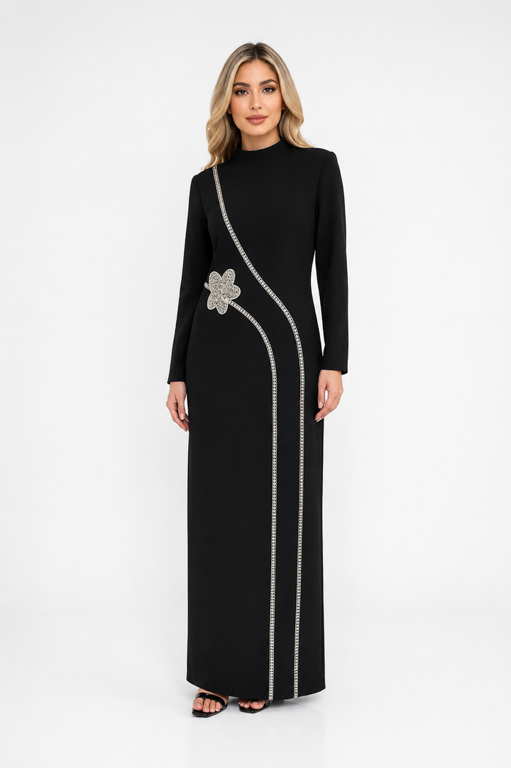 Crystal Floral Trim Maxi Dress - Ivory
