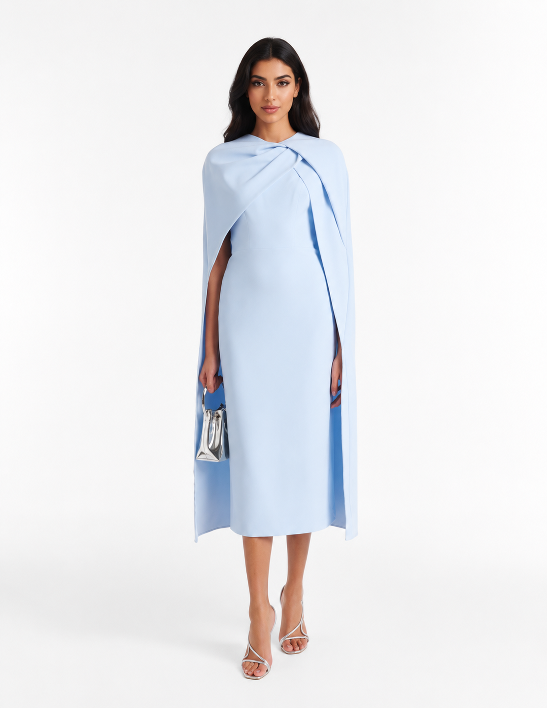 Draped Cape Midi Dress – Sky