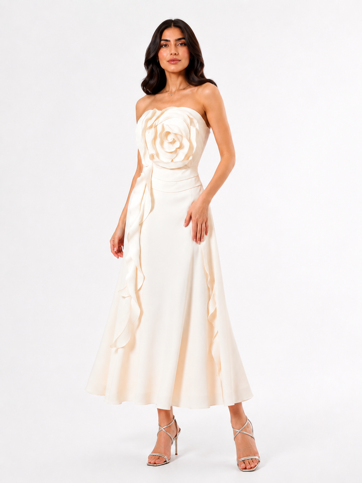 Ivory 3D Rose Strapless Midi Dress – Rosette
