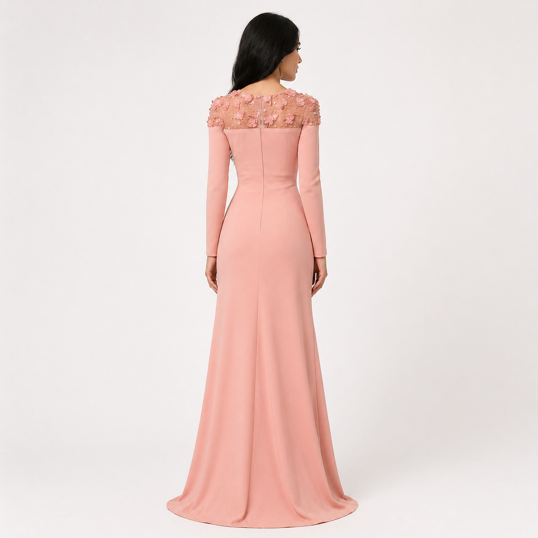 Blush Pink Long Sleeve Draped Evening Dress with Floral Embellished Neckline – LUMIÈRE