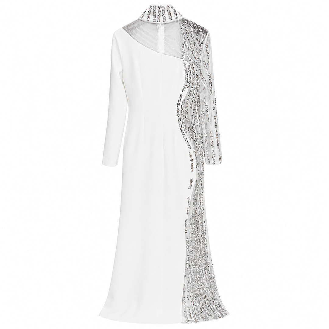 White Embellished High-Neck Evening Gown – Crystal