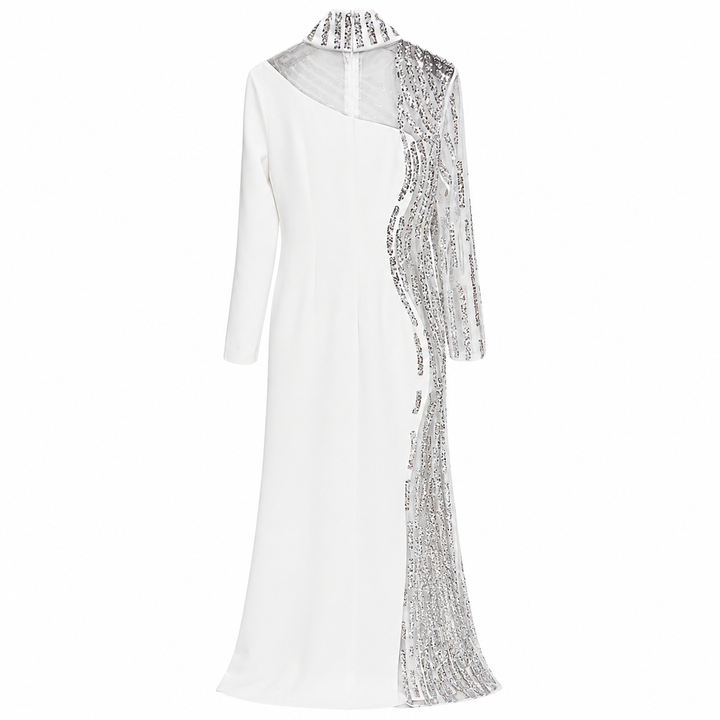 White Embellished High-Neck Evening Gown – Crystal