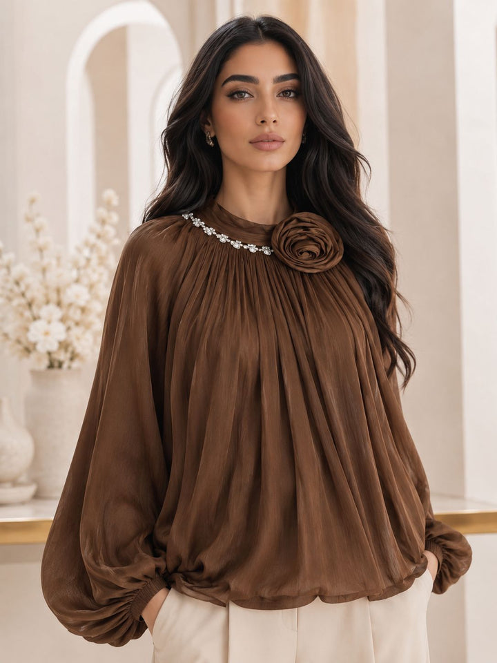 Luxury Rose Detail Satin Blouse - Glamour