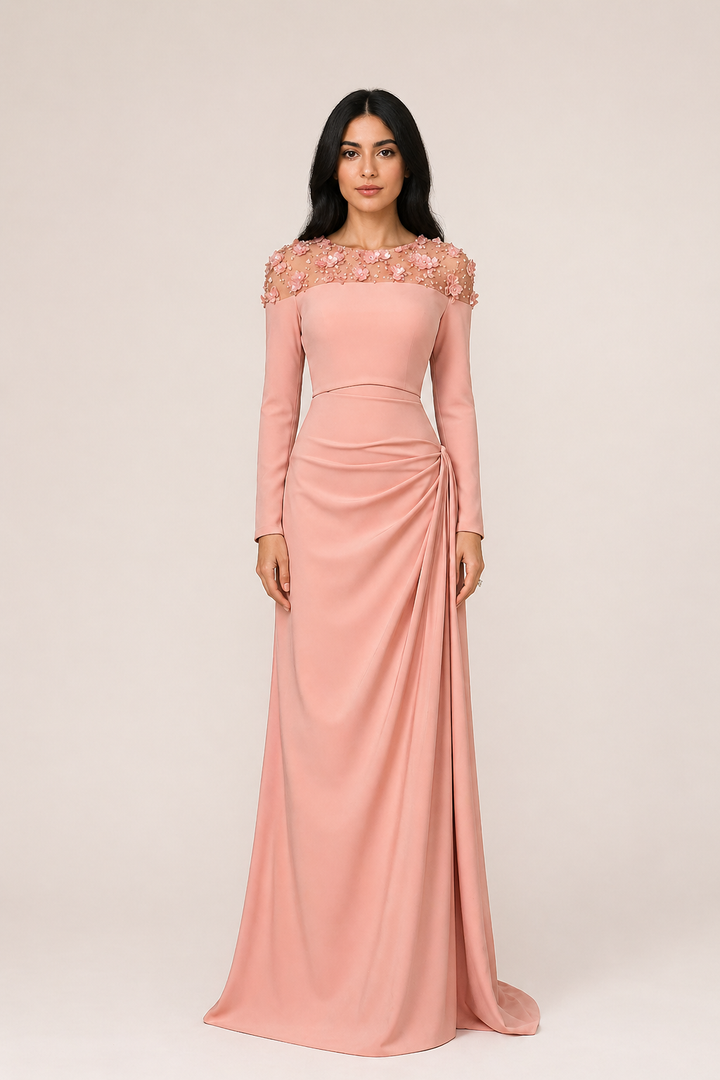 Blush Pink Long Sleeve Draped Evening Dress with Floral Embellished Neckline – LUMIÈRE