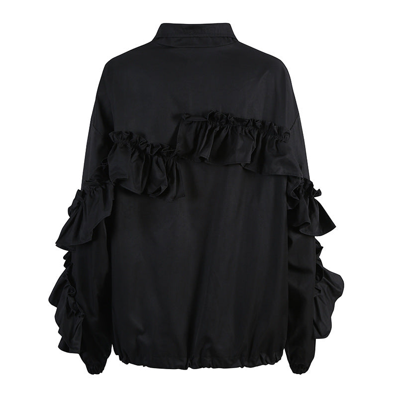 Black Ruffle Sleeve Zip Up Jacket- Mariat