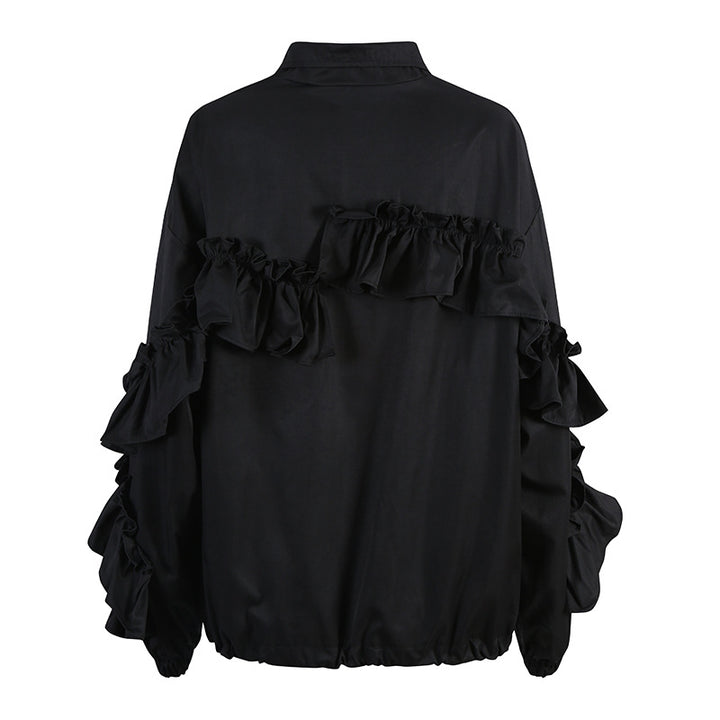Black Ruffle Sleeve Zip Up Jacket- Mariat
