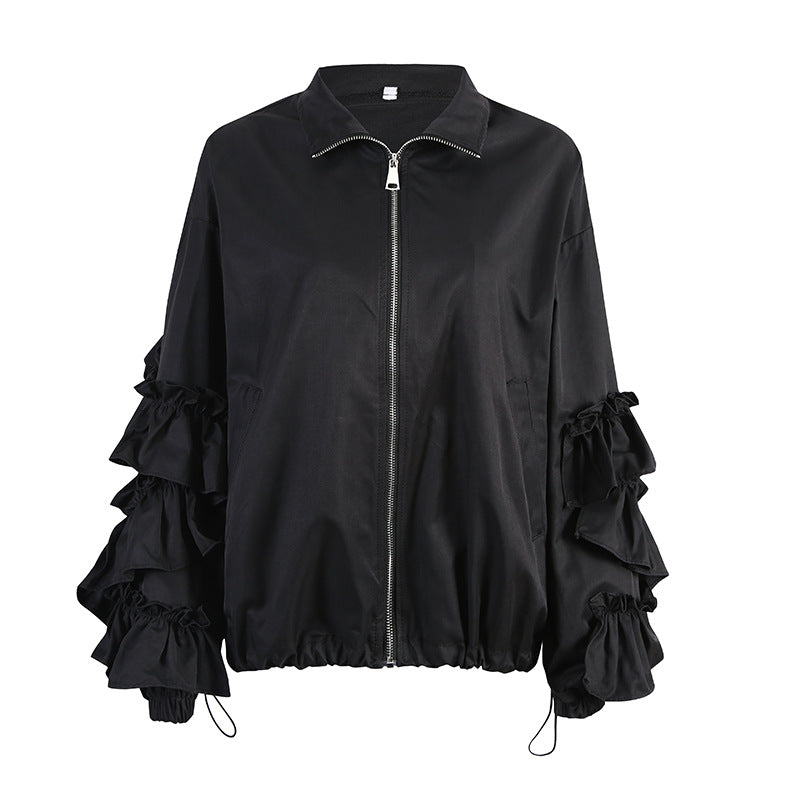 Black Ruffle Sleeve Zip Up Jacket- Mariat