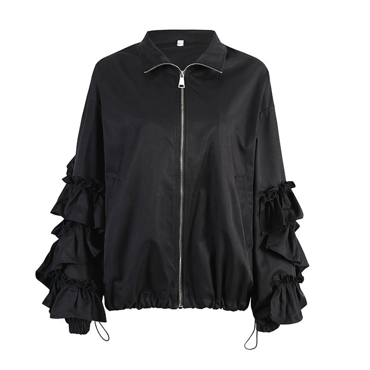 Black Ruffle Sleeve Zip Up Jacket- Mariat