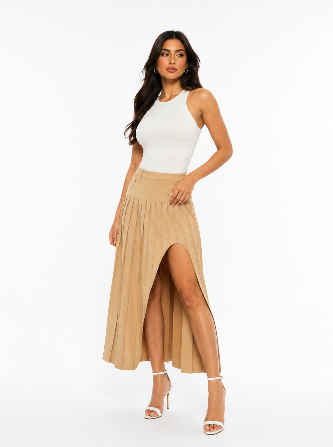 Pleated High-Low Midi Skirt – Dune