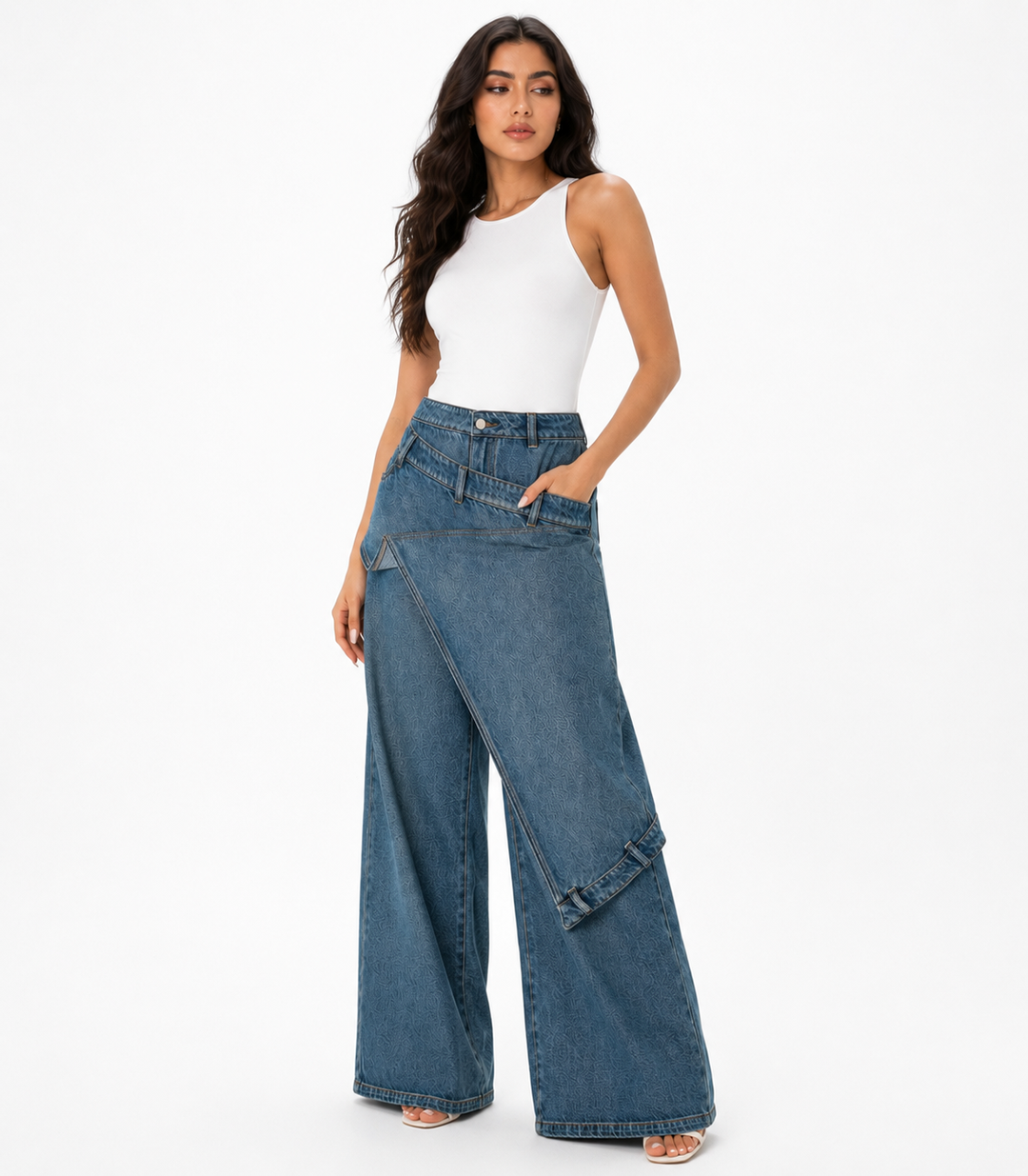 Asymmetric Wrap Wide Leg Denim Pants - Nova