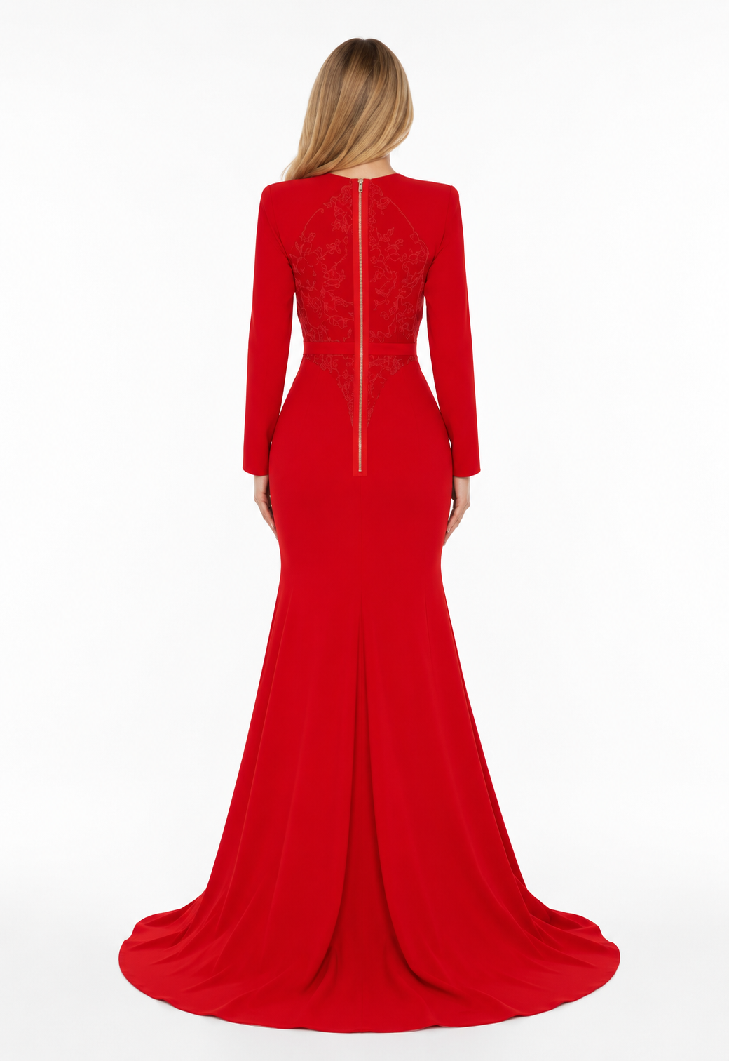 Sculpted Long-Sleeve Mermaid Gown - Scarlet