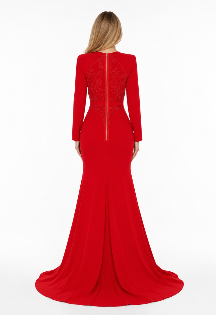 Sculpted Long-Sleeve Mermaid Gown - Scarlet
