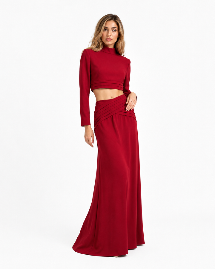 Cropped Long Sleeve Top & Maxi Skirt Set - Scarlet