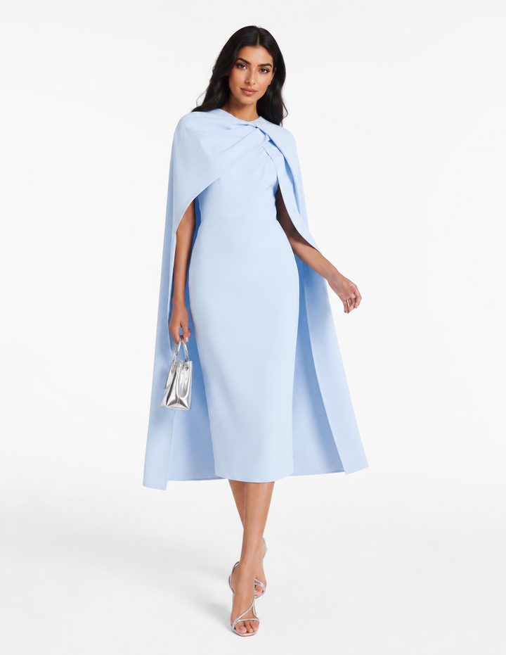 Draped Cape Midi Dress – Sky
