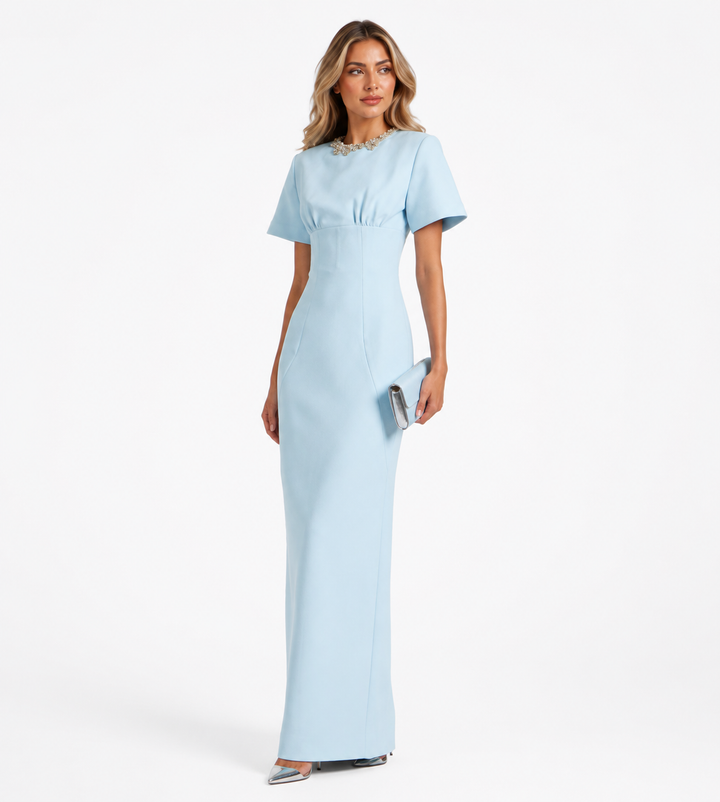 Crystal-Neck Column Gown - Celeste