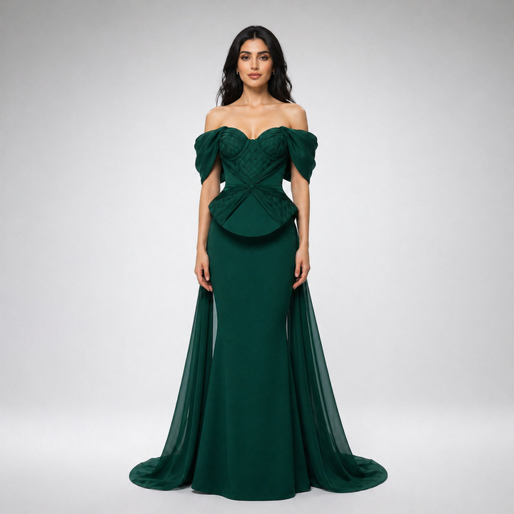 Emerald Off-Shoulder Structured Mermaid Evening Dress with Draped Train – VÉRONA
