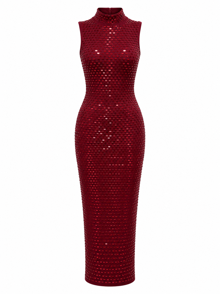 Crystal Mesh High Neck Midi Dress - Radiance