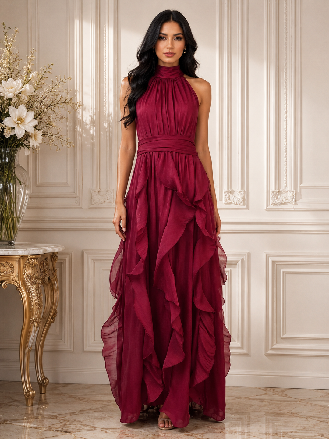 Ruffle Halter Maxi Dress - Skynr