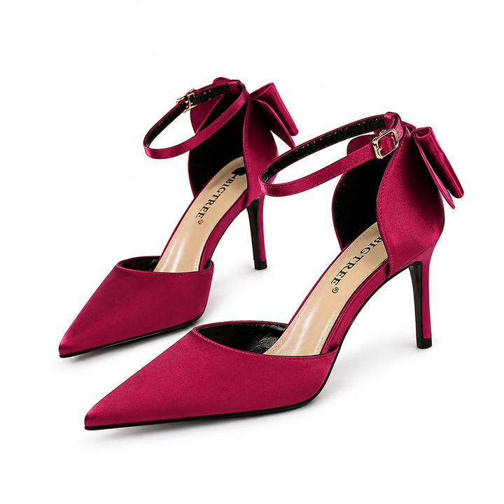 Fuchsia Satin Pointed-Toe Heels with Ankle Strap Bow – ROSÉVA