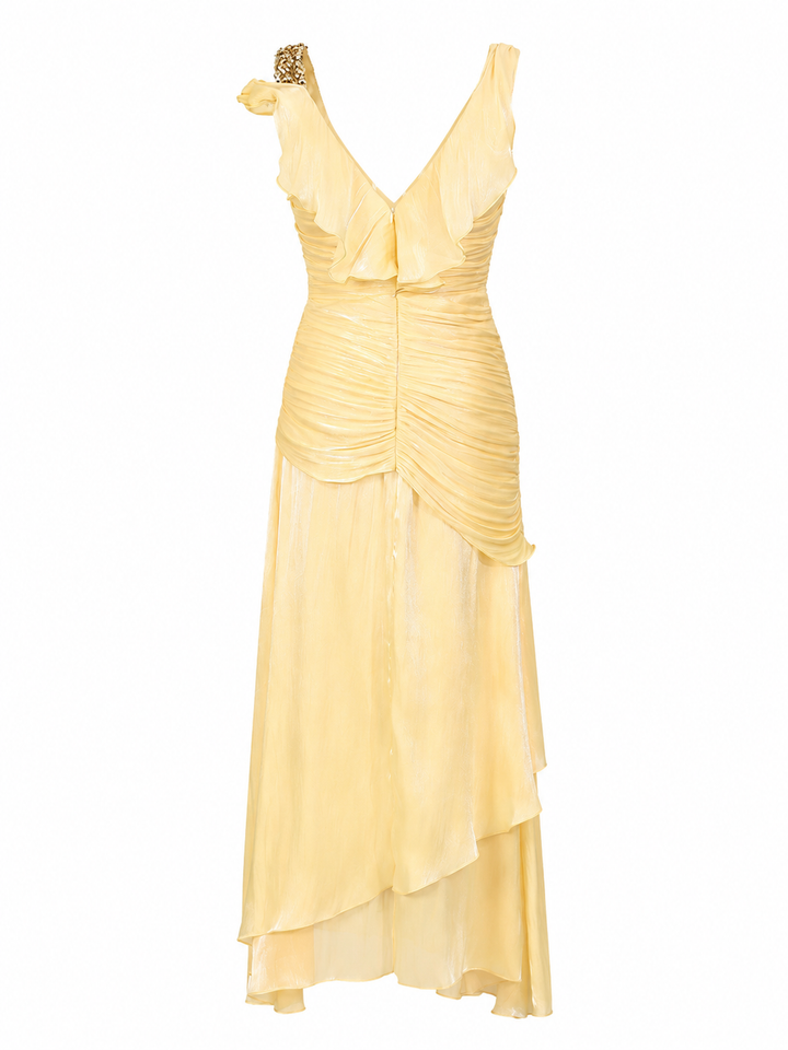 Asymmetrical Draped Chiffon Midi Dress - Buttercream