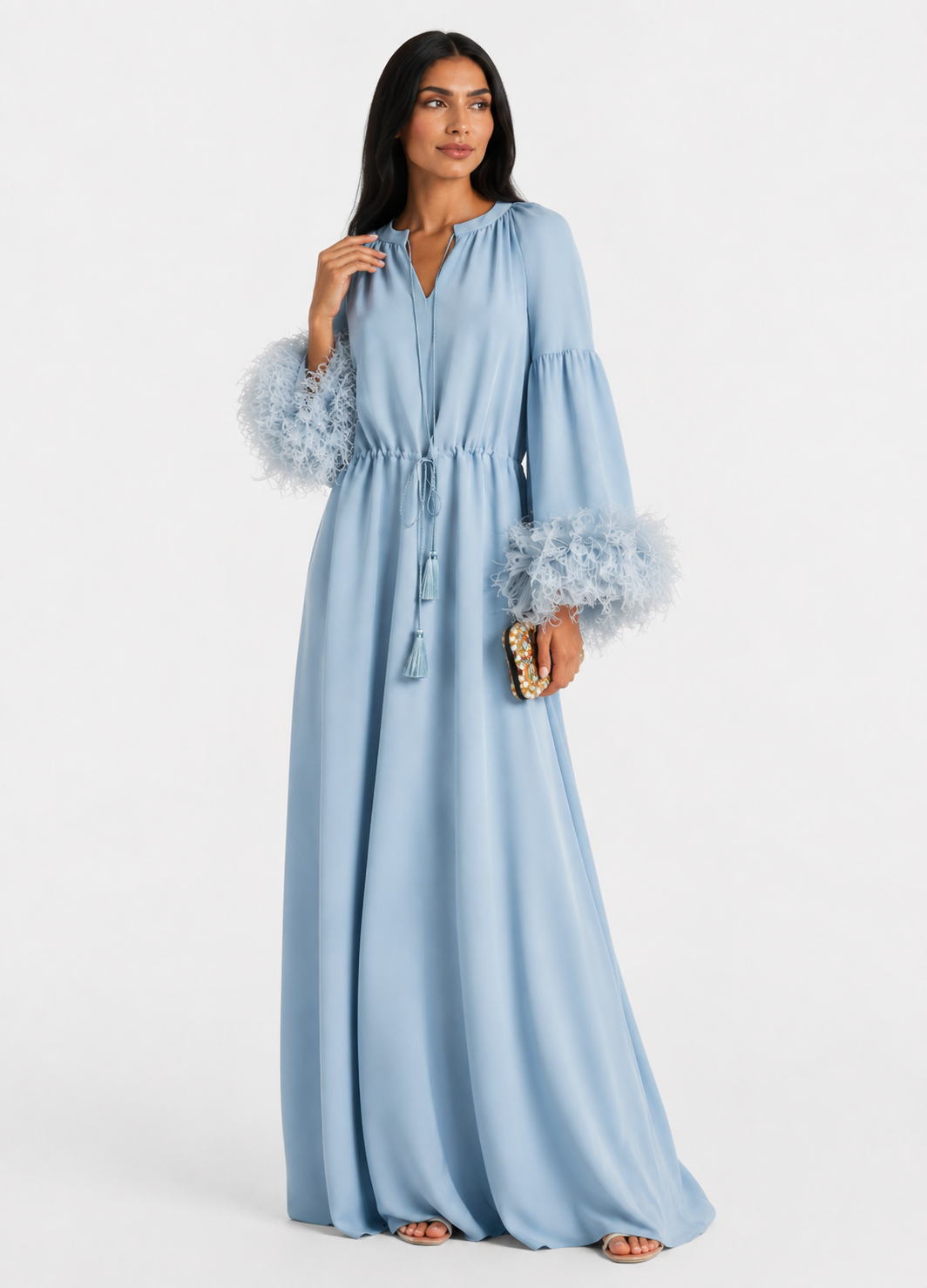 Powder Blue Feather Cuff Kaftan Dress - Serenity