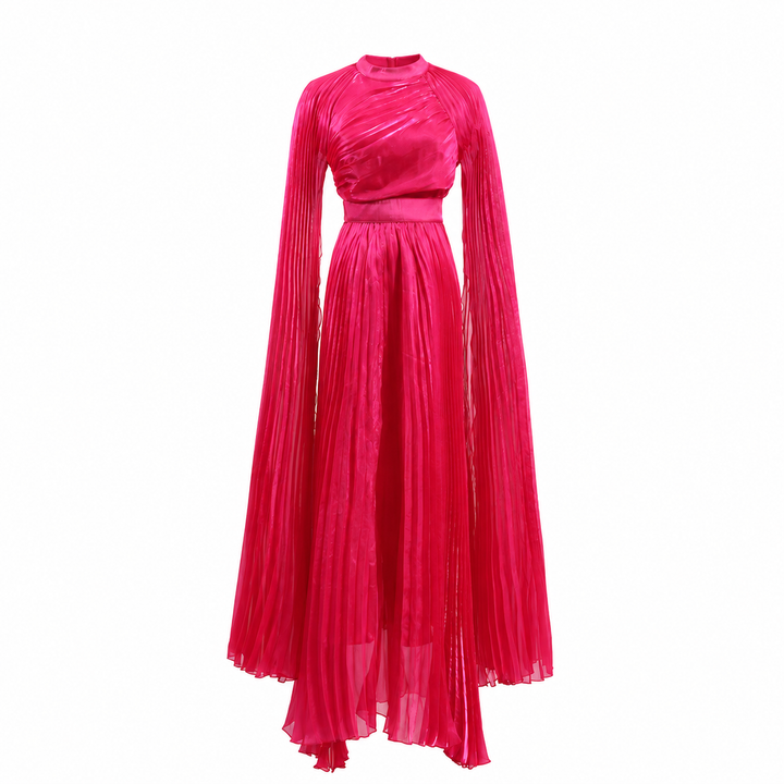 Pleated Cape Sleeve Maxi Dress - Fuchsia