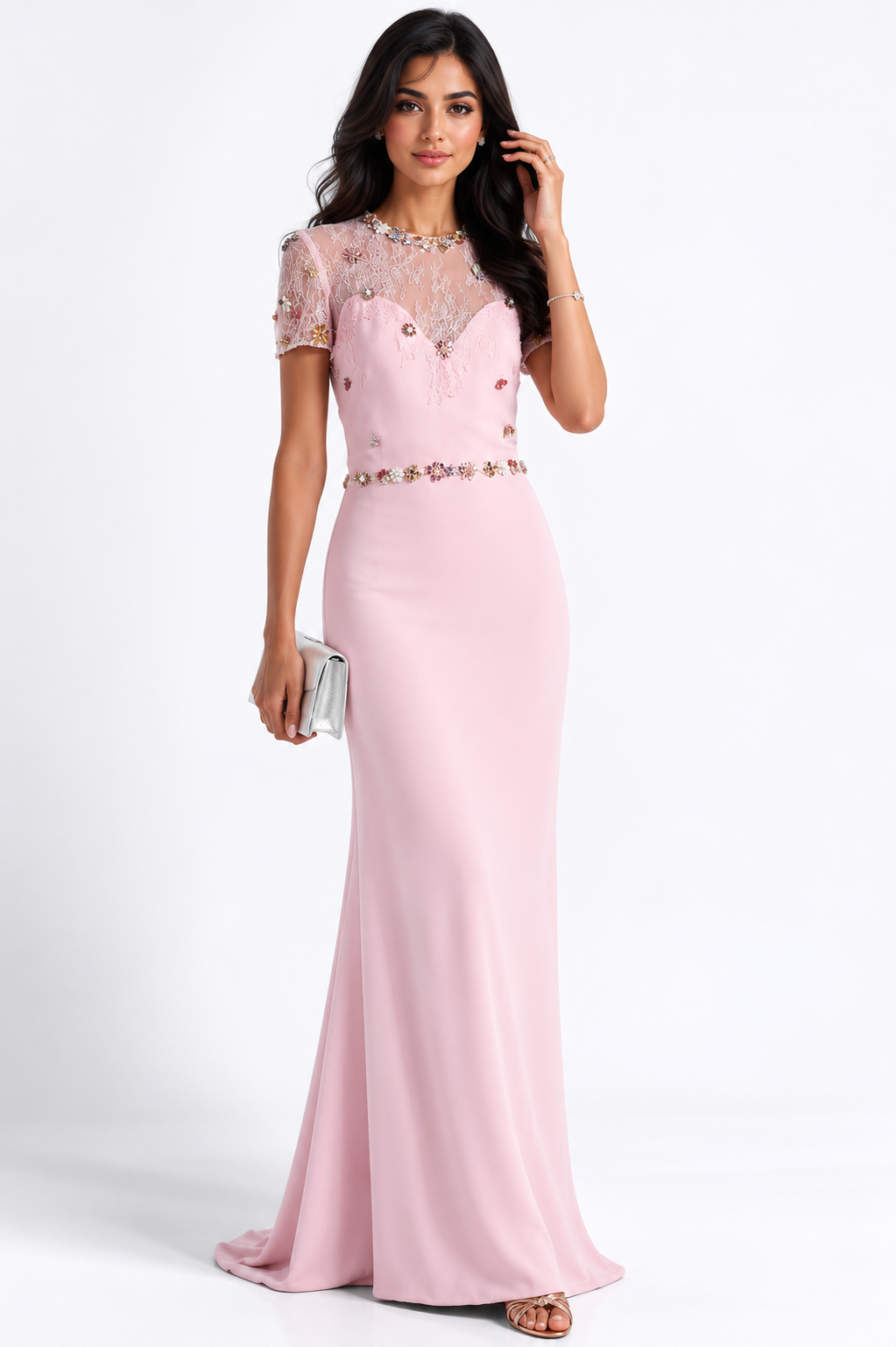 Blush Pink Embellished Lace Evening Gown - Blossom