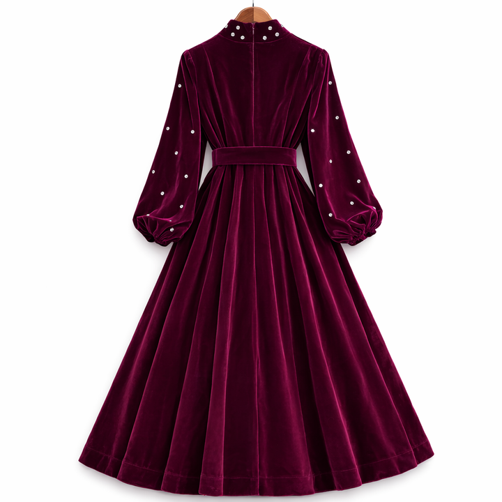 pearl-embellished velvet midi dress with waist tie – CELESTE