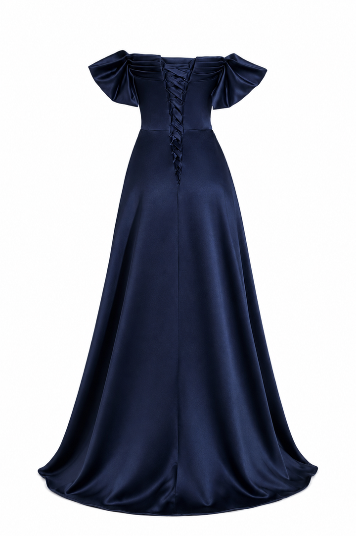 Off-Shoulder Satin Draped Ball Gown - Sapphire