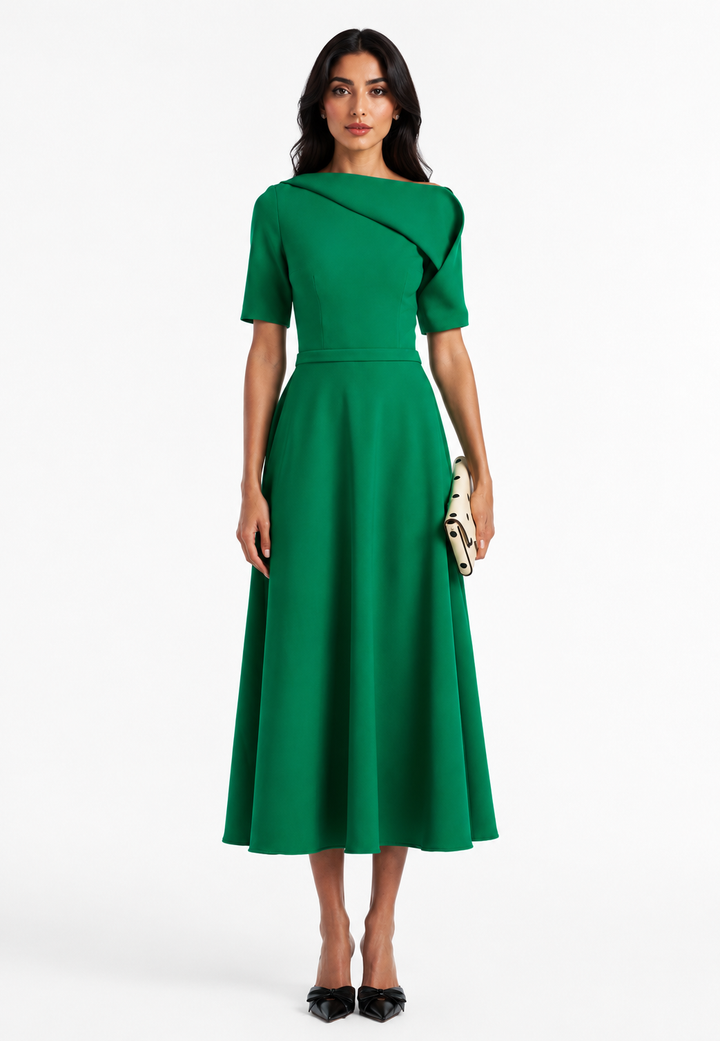 Emerald Asymmetric Neck Midi Dress - Verona