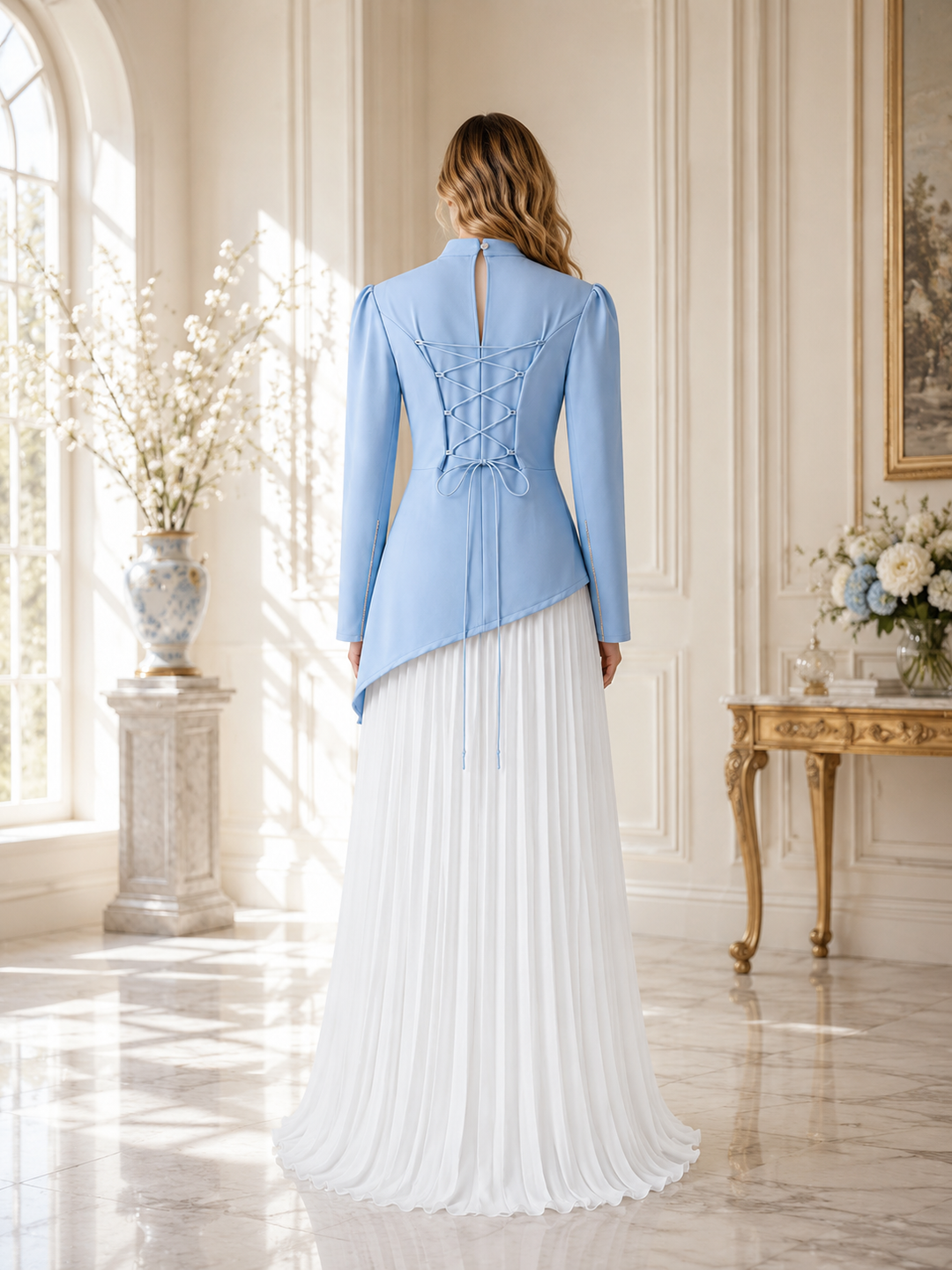 Pleated Chiffon Maxi Dress Set - Sky