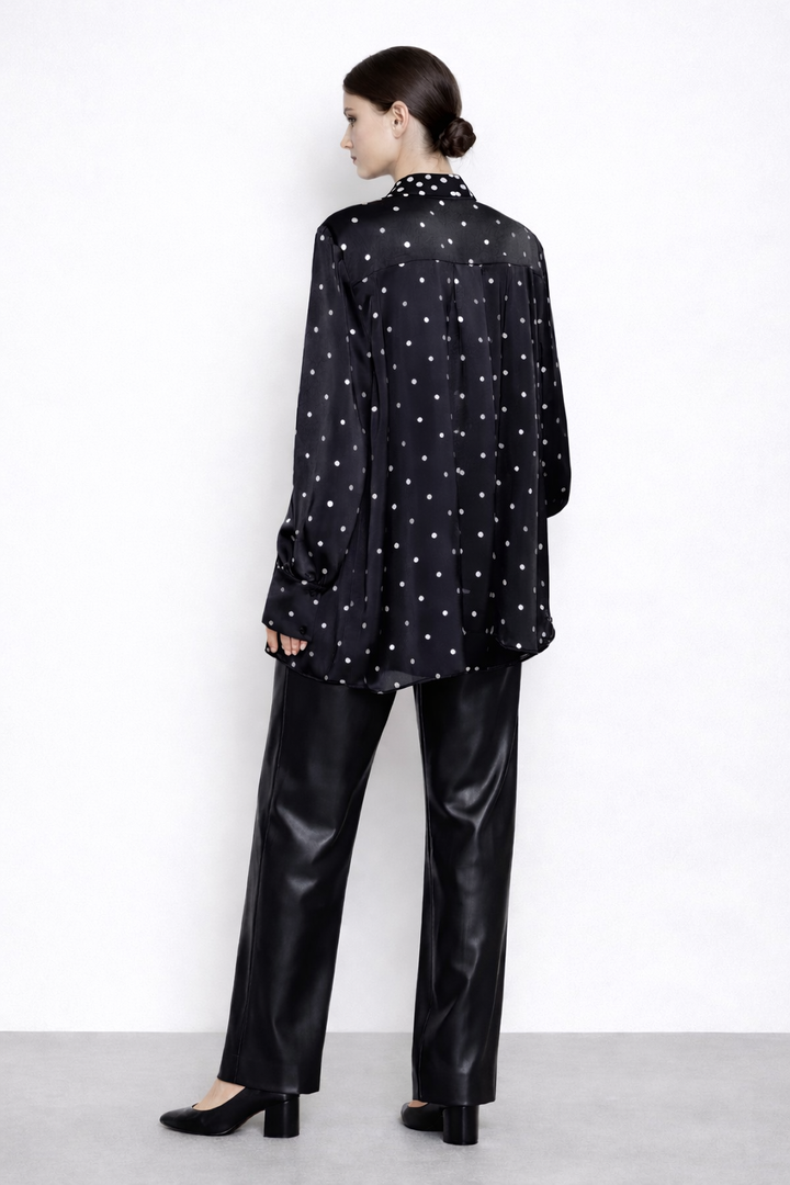 Elegant Polka Dot Tie-Neck Blouse  Black Sheer Long Sleeve Top-RIZARY