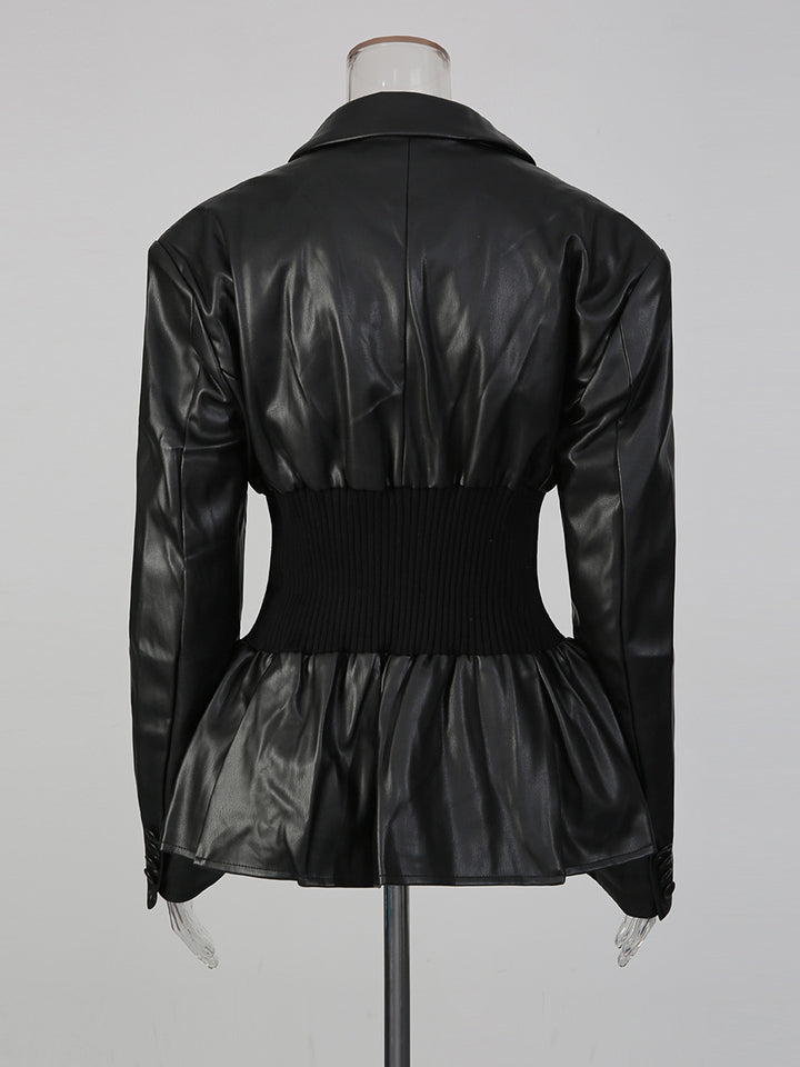 long sleeve faux leather blazer with cinched waist detail – NOIR