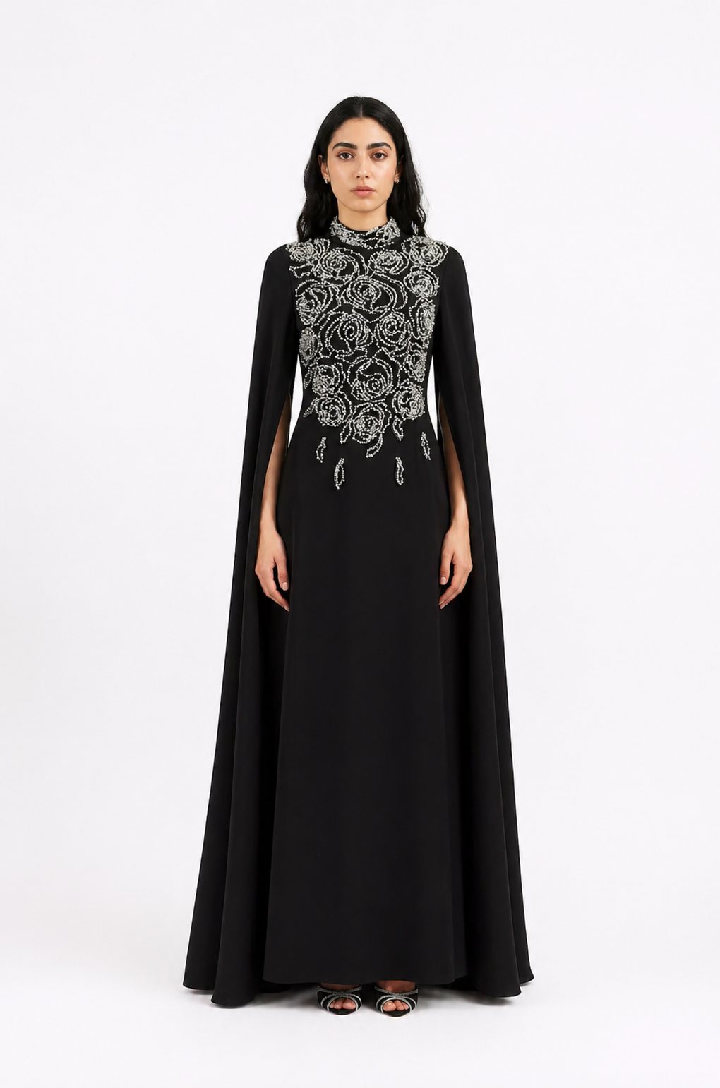 Midnight Embellished Cape Gown – VÉLORA