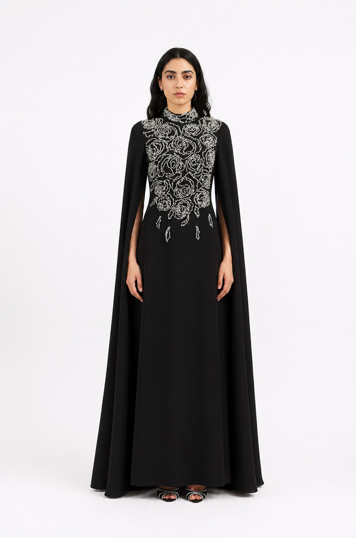 Midnight Embellished Cape Gown – VÉLORA
