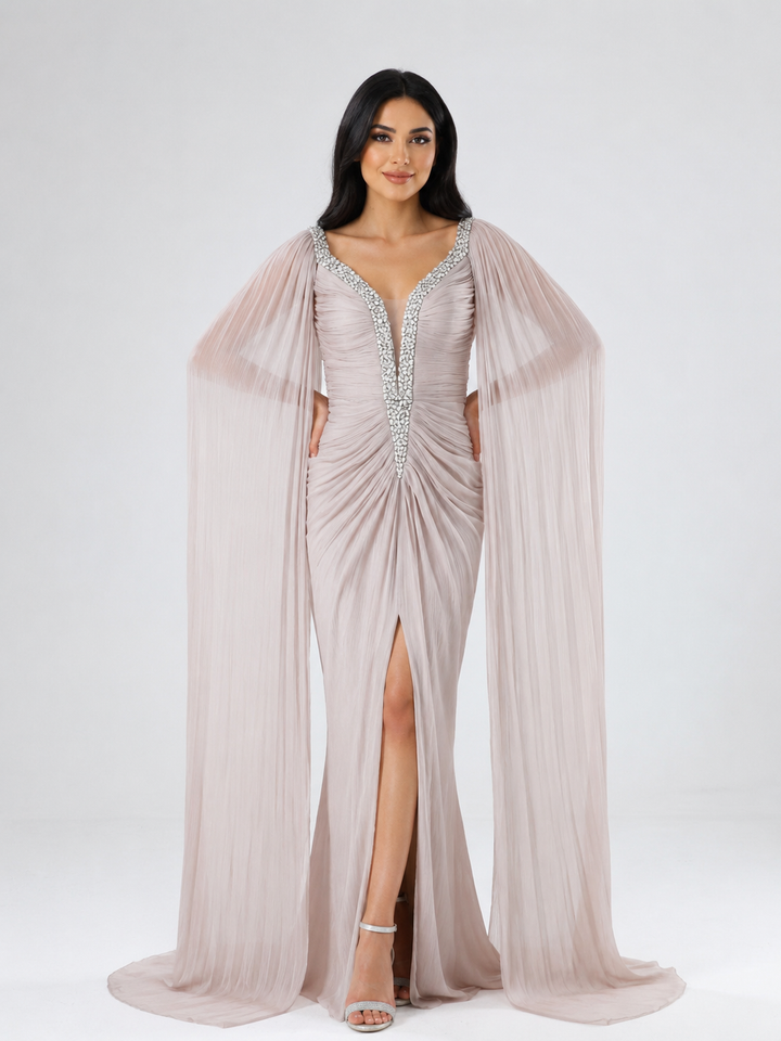 Elegant Pleated Cape Evening Dress - Glamour