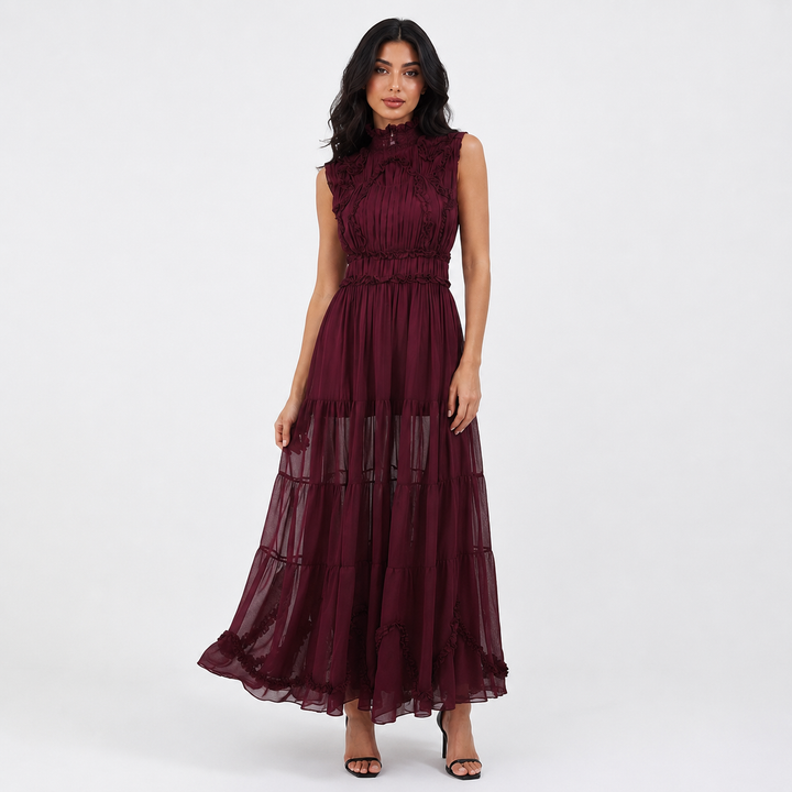 Victorian Lace Chiffon Maxi Dress - Sleeveless