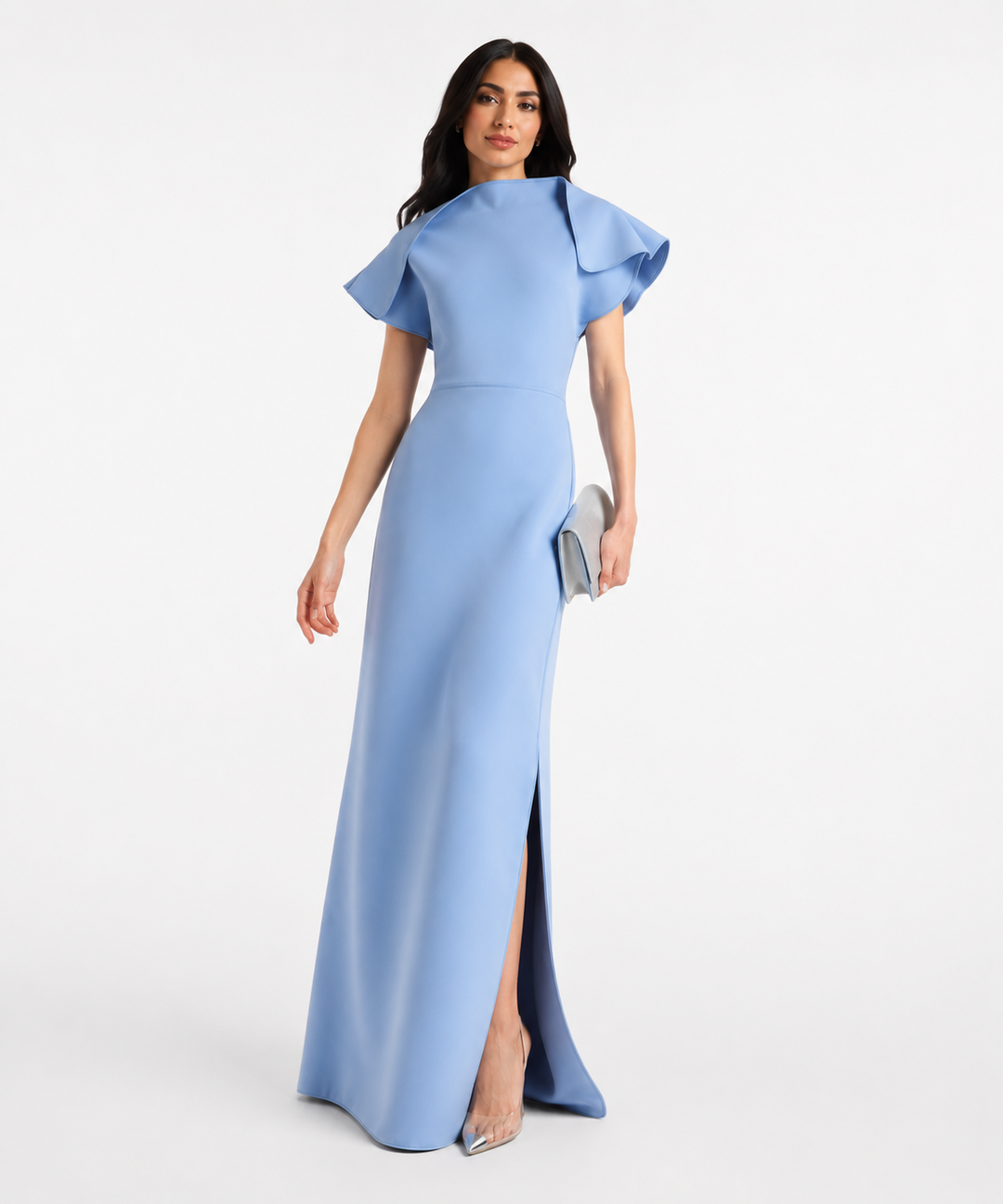 Powder Blue Flutter Sleeve Evening Gown - Celestia