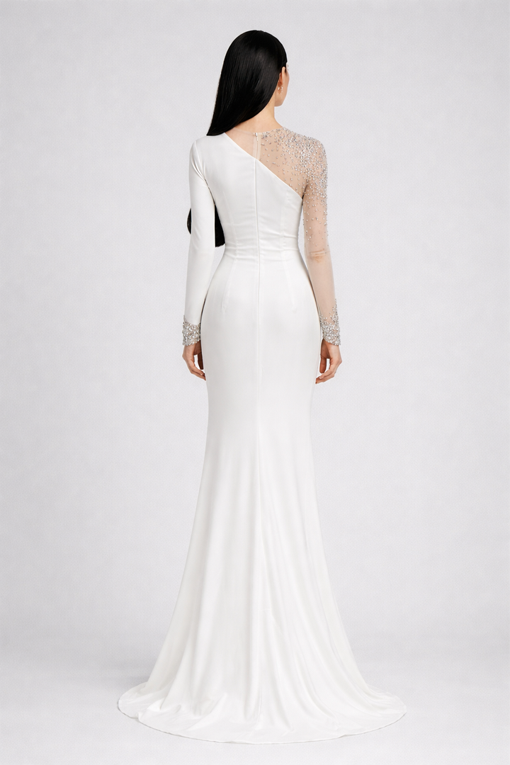 one-shoulder mermaid gown with embellished illusion sleeve – GLAM
