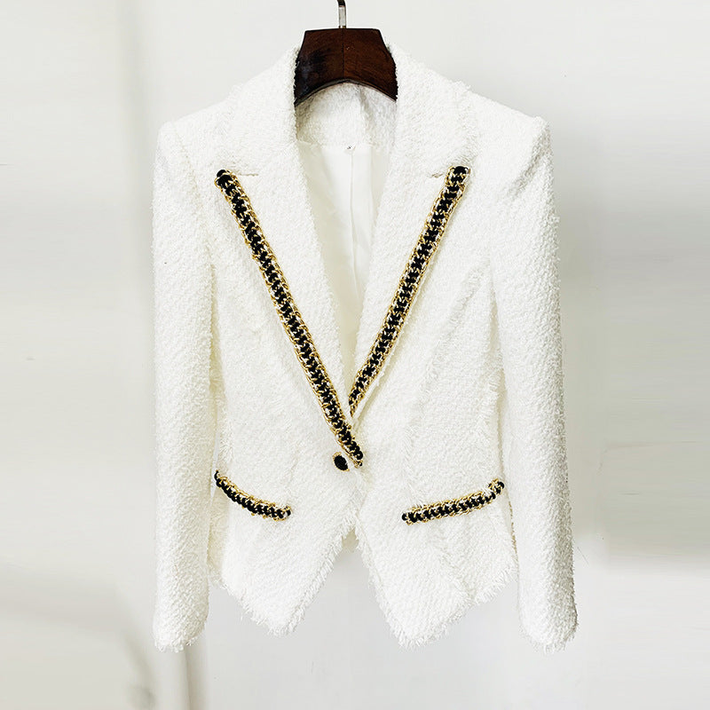 textured cropped blazer with chain trim – IVORY