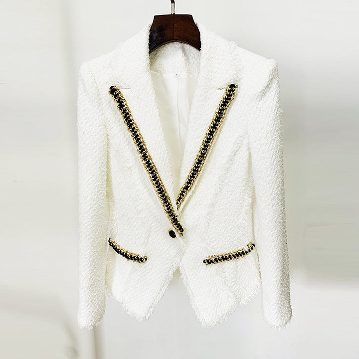 textured cropped blazer with chain trim – IVORY