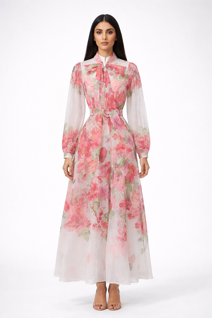long sleeve floral chiffon dress with neck tie and belted waist – BLOSSOM