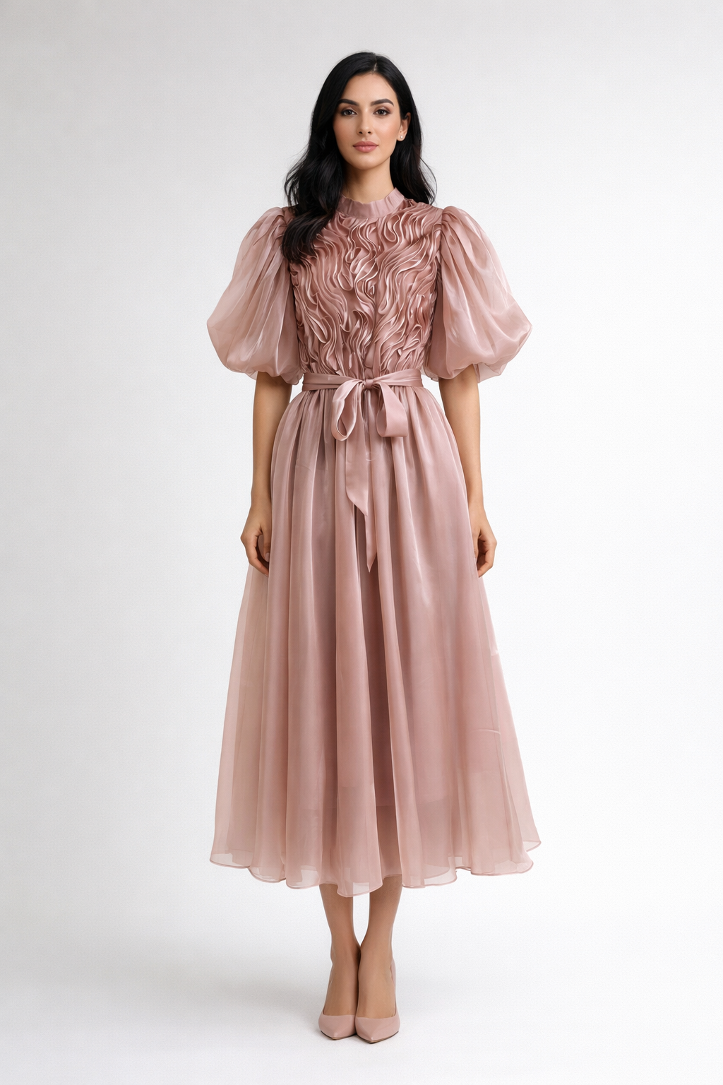 puff sleeve midi dress with textured bodice and belt – ROSELLA