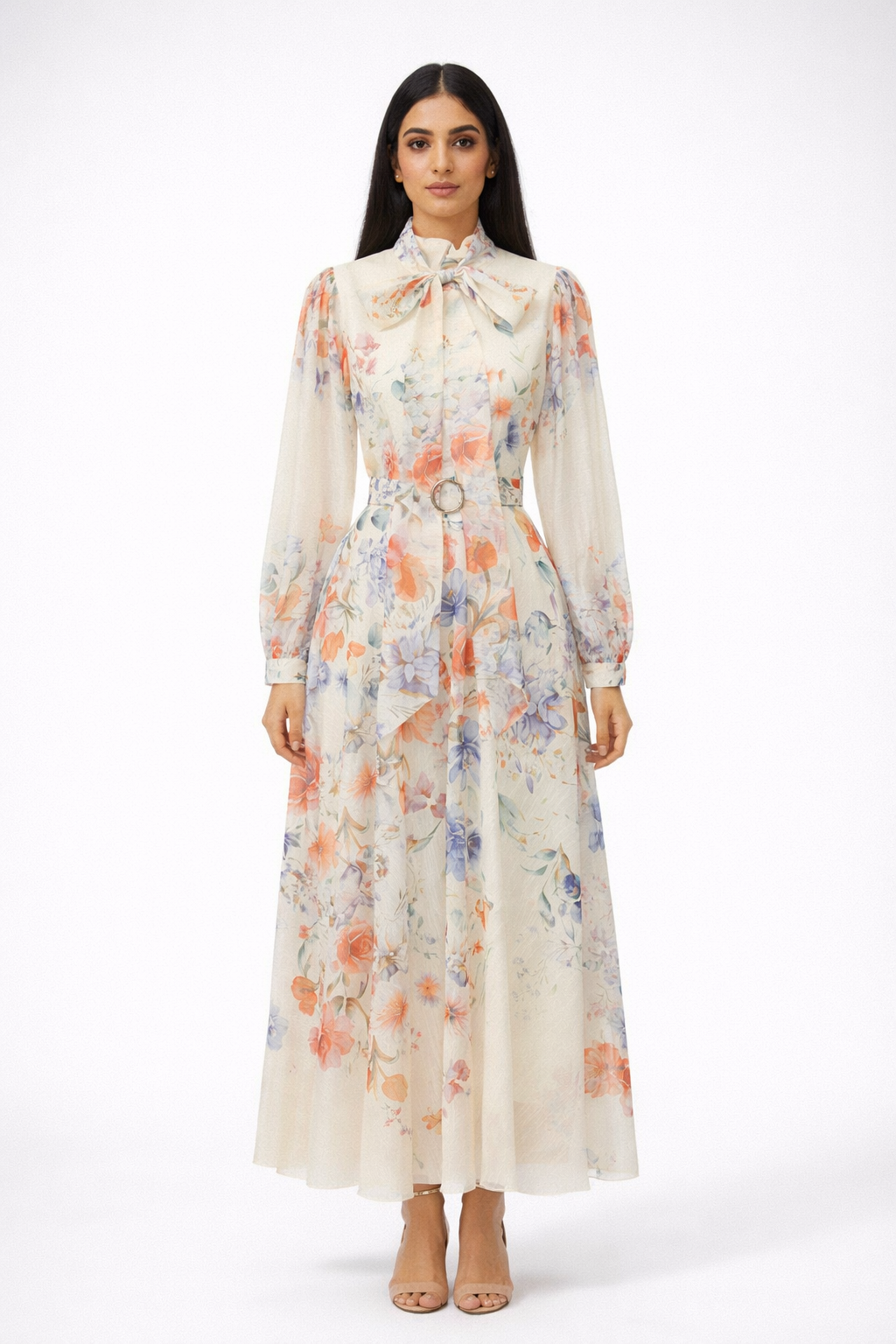 long sleeve floral chiffon dress with neck tie and belted waist – BLOSSOM