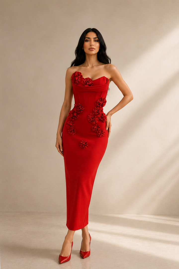 Floral Accent Strapless Midi Dress - Blossoms