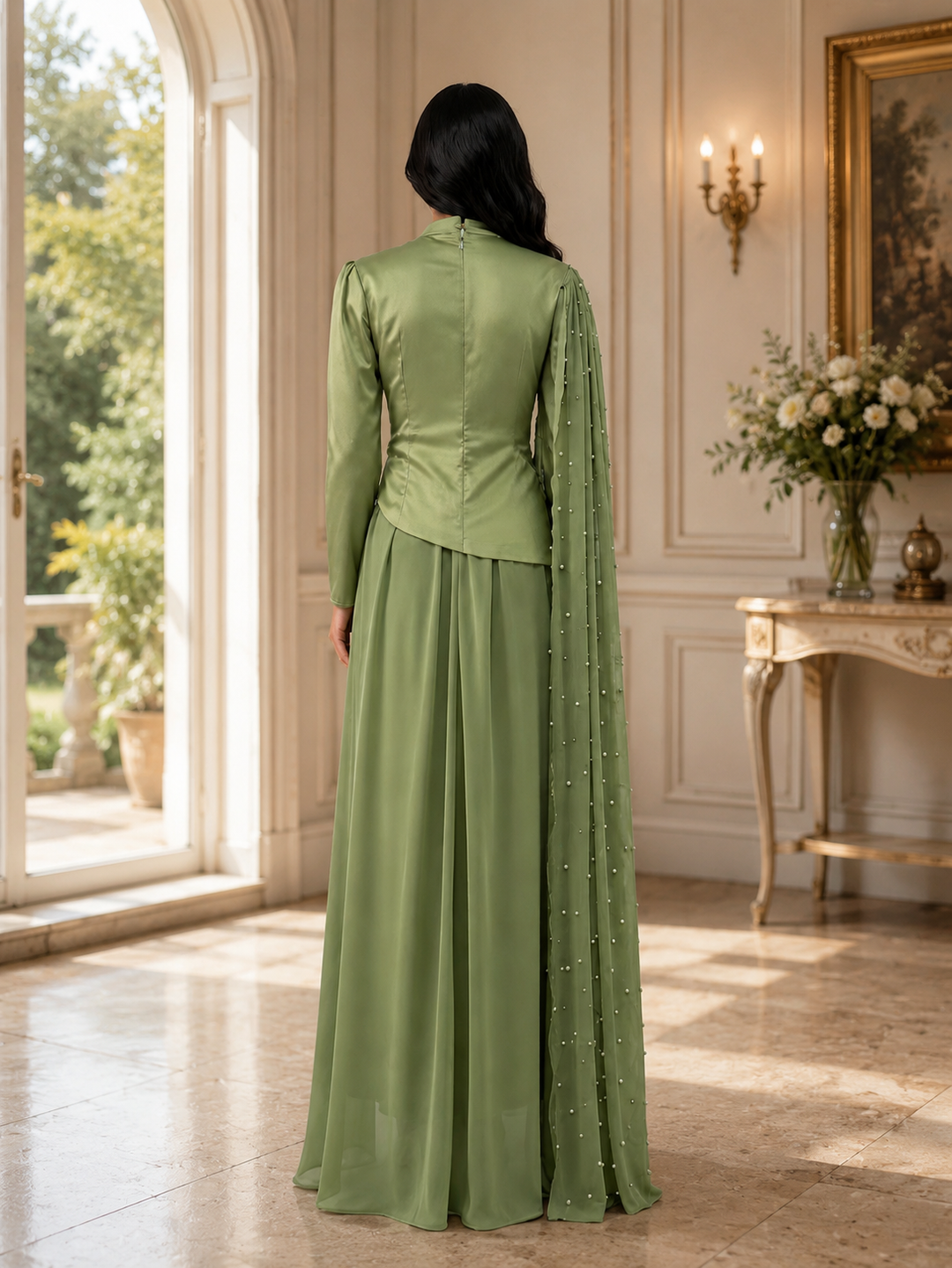 Pearl Drape Maxi Dress - Sage